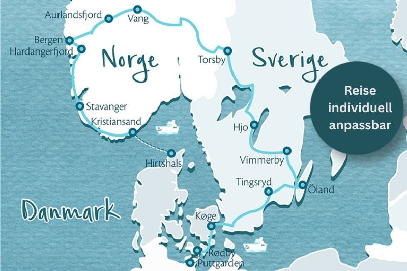 Skandinavienkarte mit Route durch Dänemark, Norwegen und Schweden