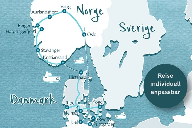 Skandinavienkarte mit individuell anpassbaren Route nach Norwegen und Dänemark 