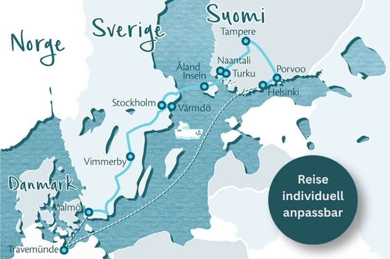 Skandinavienkarte mit Route von Finnland über die Åland Inseln nach Schweden