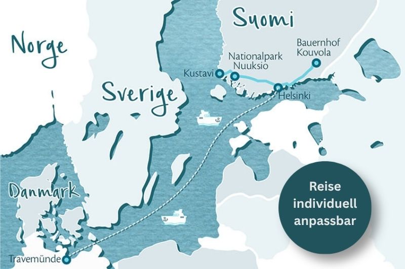 Skandinavienkarte mit Route einer individuell anpassbaren Elternzeitreise nach Finnland