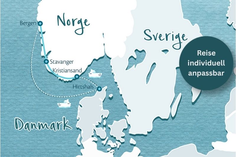Skandinavienkarte mit Route einer individuell anpassbaren Elternzeitreise nach Norwegen