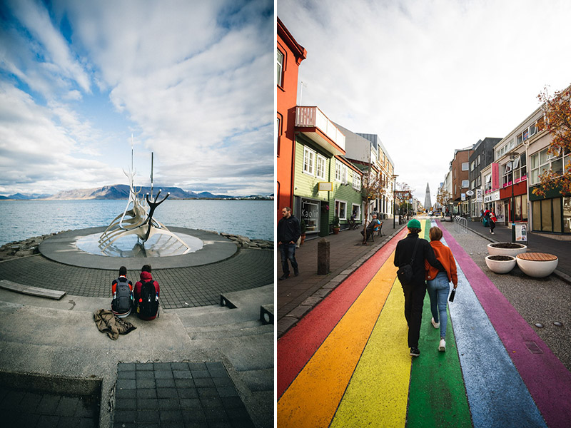 Zwei Bilder: Links sitzt ein Paar vor der Statue am Meer, rechts läuft ein Paar über die Regenbogenstraße in Reykjavik