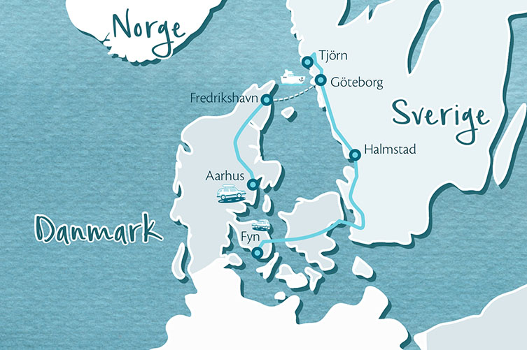 Die Route für diese Reise in Dänemark und Schweden rund um das Kattegat.